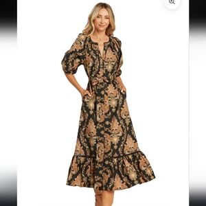 Black and Tan Floral Midi Dress with Tie Waist